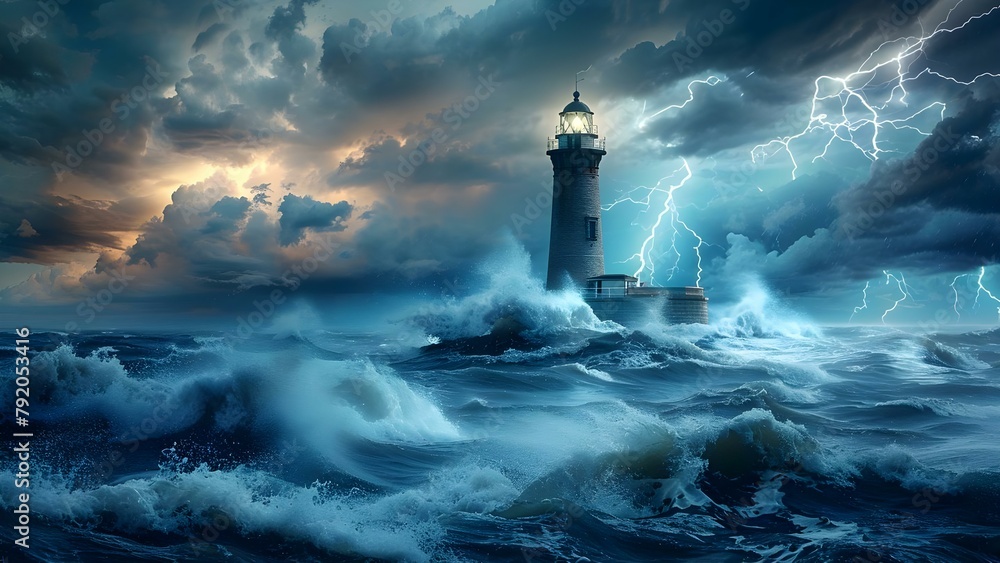 Navigating Through Stormy Seas: Lighthouse Beacon and Lightning Ideal for Home Decor. Concept Home Decor, Stormy Seas, Lighthouse Beacon, Lightning, Nautical Theme
