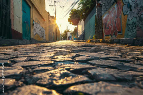 A street with graffiti on the walls and a sun shining on the cobblestone road