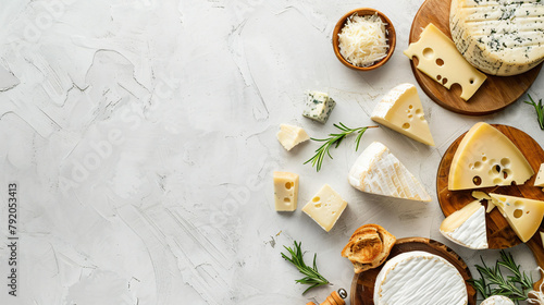Various types of cheese on a light concrete background