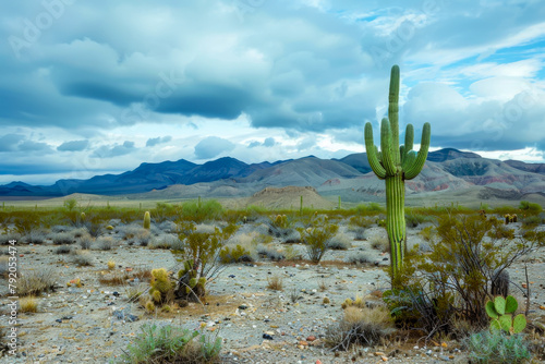 A lone cactus stands in a desert landscape. The sky is cloudy and the sun is not visible. The scene is quiet and peaceful, with the only sound being the wind blowing through the desert