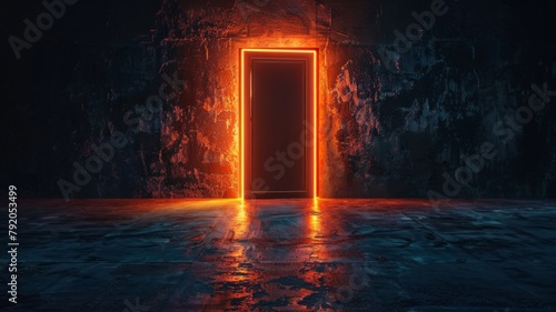 Mysterious glowing doorway in dark room - An illuminated, neon orange doorway stands in stark contrast against the dark, textured walls of an eerie room
