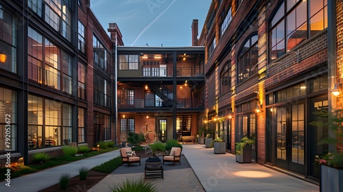 An adaptive reuse blueprint for a historic industrial building transformed into a stylish loft apartment complex, preserving original features while incorporating modern amenities photo