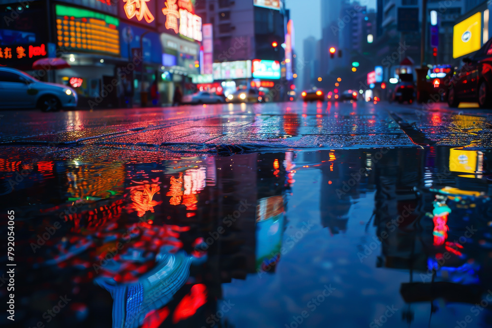 A city street with a lot of lights and a lot of water