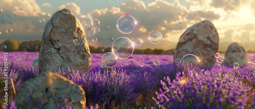 A realistic 3D scene of ancient stones shaped into a modern green energy device, emitting soft bubbles amid a field of blooming lavender