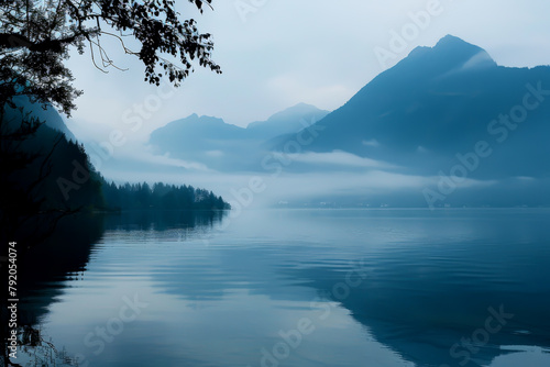 A serene lake with mountains in the background. The water is calm and still  reflecting the trees and mountains in the distance. Concept of peace and tranquility