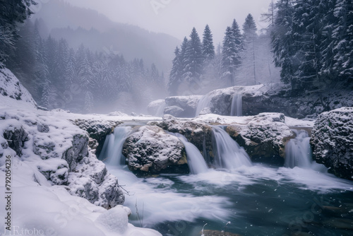 A snowy landscape with a river flowing through it. The water is clear and the snow is covering the ground. The scene is peaceful and serene