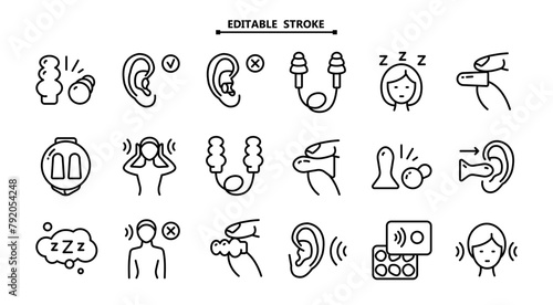 Earplugs line icons set. Editable stroke. Healthy sleep without snore, ear safety illustrations. Signs for medical store. Simple style vector symbols isolated on white background.
