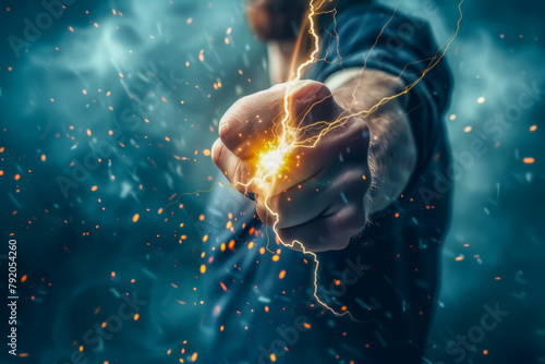 A man is punching a fist in the air with sparks flying out of his hand. Concept of power and energy, as if the man is channeling some sort of supernatural force #792054260