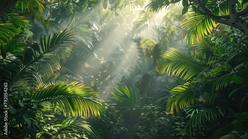 A lush tropical rainforest canopy alive with the vibrant colors of exotic birds and the gentle rustle of leaves  with shafts of sunlight filtering through the dense foliage.