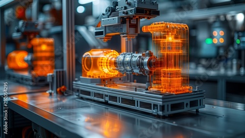 Visualization of car engine assembly in factory - Detailed visualization of an orange transparent car engine assembly line within a technological factory setting, highlighting innovation in manufactur photo