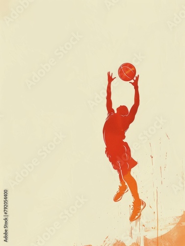 Silhouette of basketball player going for score - Dynamic silhouette of a basketball player reaching up to score against an orange backdrop photo