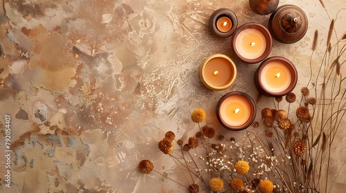 An artistic flatlay composition of decorative candles and candleholders, representing the custom of lighting candles on Shavuot to usher in the holiday spirit. photo