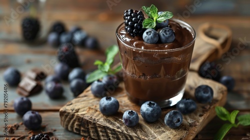 Rustic chocolate mousse with fresh mint and berries - Elegant chocolate mousse delightfully complemented by juicy berries and fresh mint on wooden surface photo