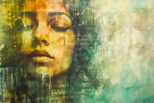 A woman's face is painted on a wall with a green background. The painting is abstract and has a lot of texture. The woman's face is the main focus of the painting, and it is in a relaxed