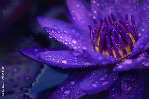 A purple flower with droplets of water on it. The droplets are small and scattered, giving the impression of a light rain. The flower is the main focus of the image