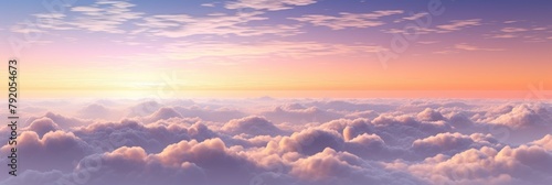 Sunset Above Clouds. Cloudscape At Dusk With Gradient Color. Aerial View Of Fluffy Clouds Under Evening Glow. Generative AI
