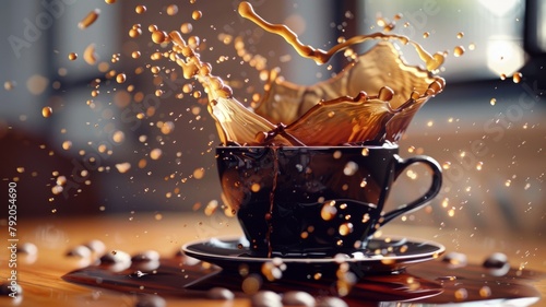 Dynamic coffee splash in cup on wooden table - High-speed capture of rich coffee splashing out of the cup, infused with motion and energy photo
