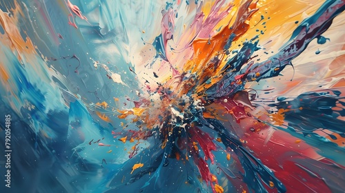 An artistic studio scene with splashes of paint flying across the canvas as a skilled painter creates a mesmerizing abstract artwork filled with movement and texture
