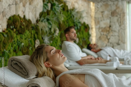 group of people are relaxing in a spa room, wearing bathrobes with their eyes closed and lying on comfortable chairs in a hotel wellness or spa center. © Doni_Art