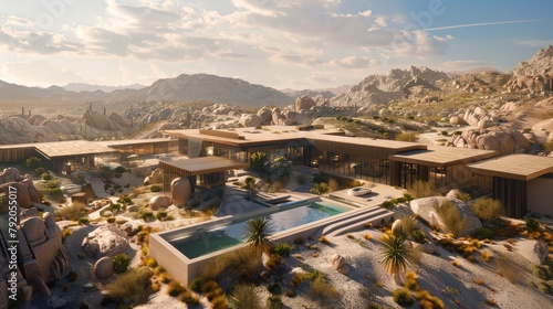 A luxurious desert retreat with sleek architecture and modern interiors, featuring infinity-edge pools and private courtyards that offer a sanctuary of serenity and seclusion amidst the rugged beauty 