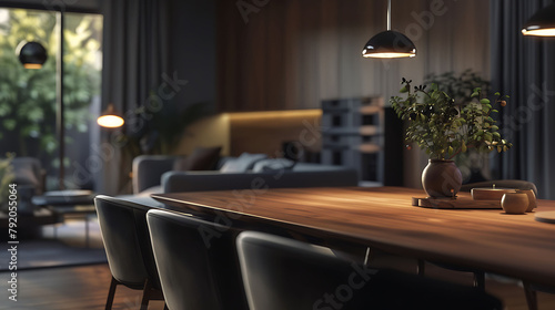 A modern dining room with a sleek wooden table  upholstered chairs  and pendant lighting  creating an inviting space for meals and gatherings