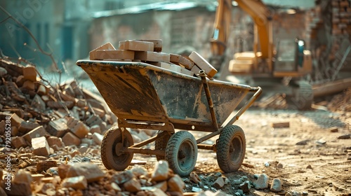 An atmospheric photograph of a bricklayer's wheelbarrow loaded with clay bricks, set against the backdrop of a construction site, showcasing the essential role of bricklaying equipment photo