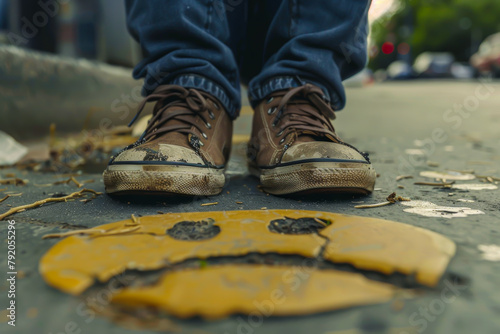 A pair of dirty brown shoes stand on a cracked yellow smiley face. Concept of sadness and weariness