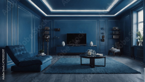 Blue Room Interior, Living Room Setup, Empty Blue Wall © xKas