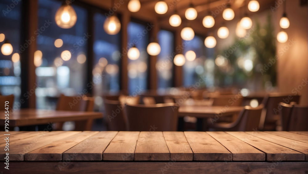 Bokeh Lights Glisten on an Empty Wooden Table, Against a Softly Blurred Restaurant Backdrop