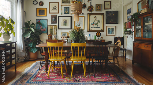 An eclectic dining room with mismatched chairs, a vintage rug, and gallery wall, reflecting the homeowner's unique personality and eclectic tastes. photo