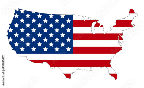 USA map with the national flag, vector illustration on a transparent or white background. American flag inside country map.