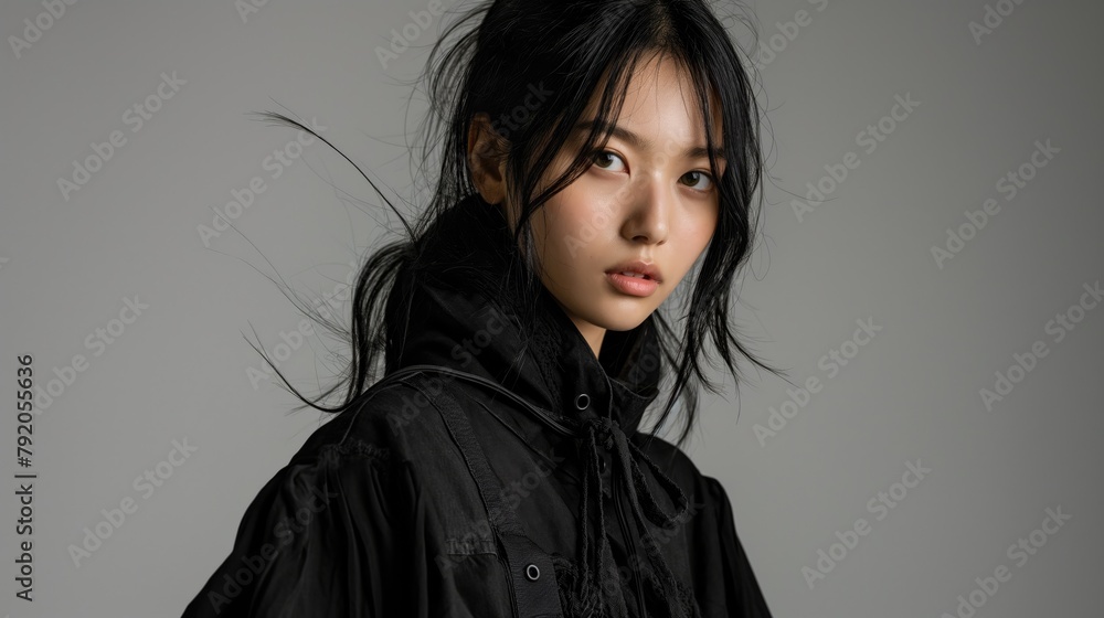 Portrait of a beautiful young asian woman in black raincoat Portrait of a beautiful young asian woman in black raincoat
