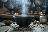 A black bowl of food is sitting on a wooden table with a few candles and spices. The bowl is filled with steam and the candles are lit, creating a cozy and inviting atmosphere