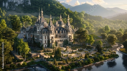 A majestic chateau nestled amidst verdant forests and meandering rivers, with regal turrets and grand ballrooms that speak to a bygone era of aristocratic elegance and refined taste
