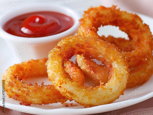 Crispy onion rings served with a side of tangy ketchup! These golden-brown delights are crunchy on the outside and tender on the inside, offering a satisfying contrast of textures. 