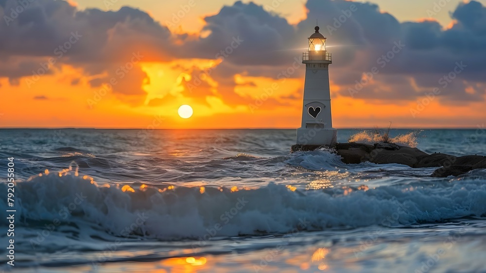 Guiding Love: Lighthouse's Heart-Shaped Beam Illuminates Tranquil Ocean Waves. Concept Romantic Getaway, Coastal Exploration, Lighthouse Adventures, Relationship Goals, Nature's Beauty