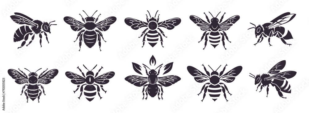Set of honey bee for honey product package and logotypes. Simple vector bee silhouettes isolated on white background