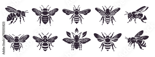 Set of honey bee for honey product package and logotypes. Simple vector bee silhouettes isolated on white background