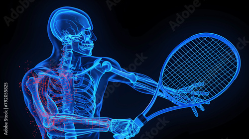 a digital X-ray representation of a human skeleton performing a tennis serve, showcasing the arm and racket in motion.