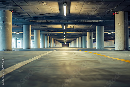 A long, empty parking garage with a few pillars. The space is mostly empty, with only a few cars parked in the background. The lighting is dim, giving the space a somewhat eerie feel