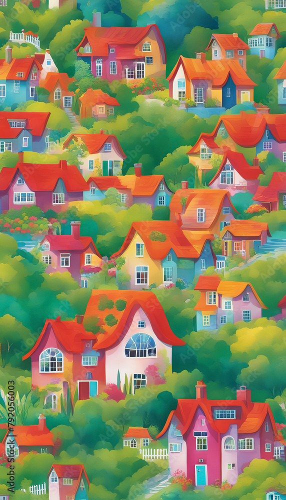 Fairytale town with colorful houses against mountains Fairytale town with colorful houses against mountains
