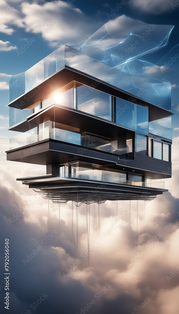 Fototapeta premium Flying House in the Clouds: Futuristic Architecture in the Air