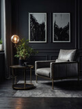 Chic Industrial Vibes, Luxury Living Room Interior in Dark Tones with Gray Wall, Metal Armchair, Floor Lamp, and Coffee Table