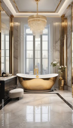 Elegant bathroom with golden accents and marble floor