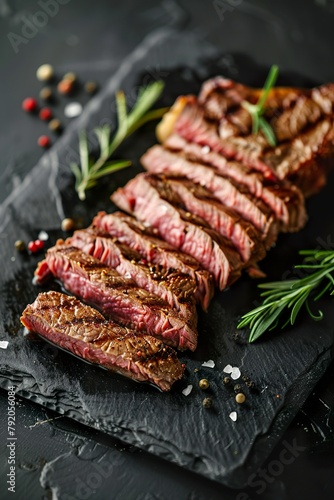 Sliced grilled steak on a dark wooden table. Grilled sirloin steak on a black stone plate in gourmet food concept with copy space.
