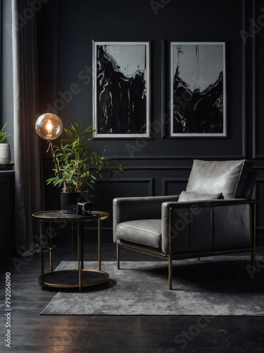 Chic Industrial Vibes, Luxury Living Room Interior in Dark Tones with Gray Wall, Metal Armchair, Floor Lamp, and Coffee Table