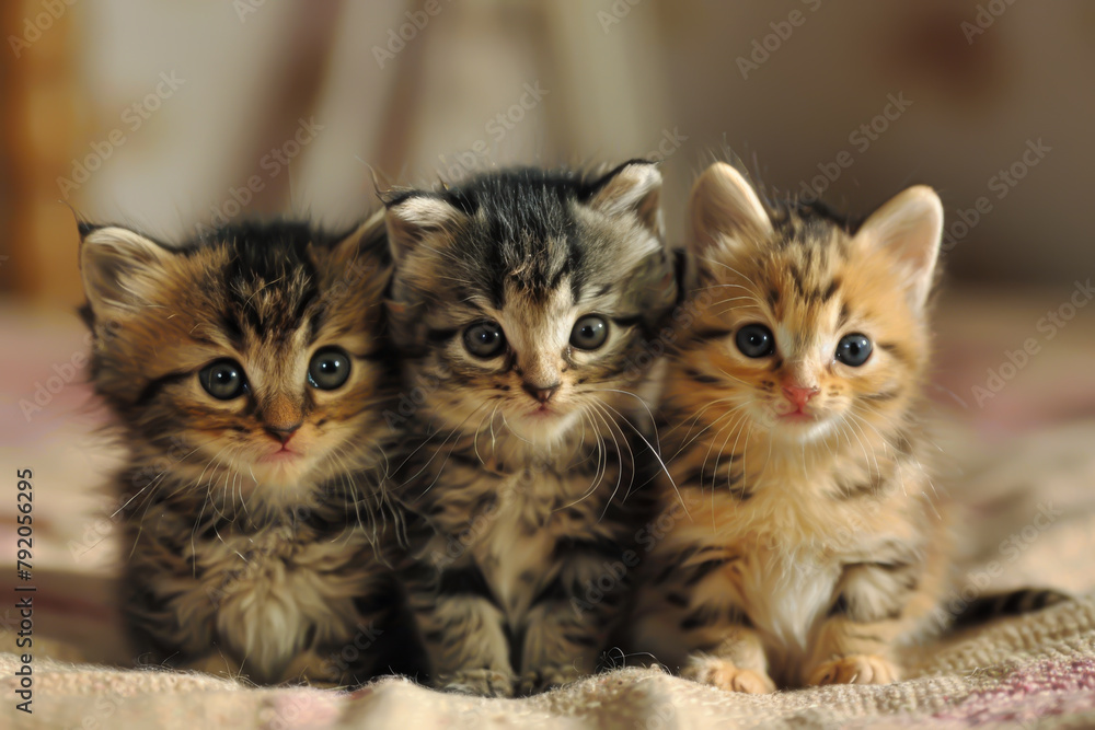Three kittens are sitting on a bed, looking at the camera. They are all different colors, with one being brown and the other two being black and white. The kittens seem to be enjoying the attention