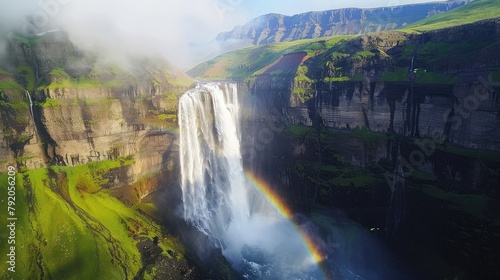 A majestic waterfall plunging into a deep gorge below  with mist rising from the cascading waters and rainbows forming in the spray  while towering cliffs loom overhead  creating a scene of awe