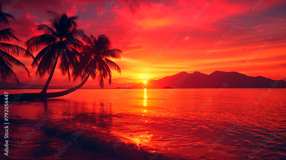 Serene Summer Sunset: Vibrant Red-Orange Sky Over Clear Ocean Waters, Palm Trees Silhouetted on the Horizon. Copy space.