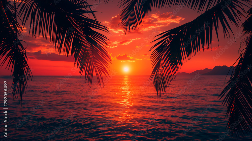 Tropical Twilight: Stunning Red-Orange Sunset Reflecting on Calm Ocean, Silhouetted Palm Trees and Distant Mountains. Summer Travel 
